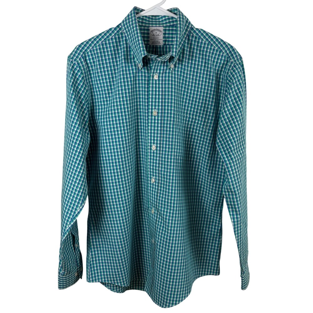 Brooks Brothers Regent Button-Down Shirt Mens M Green Blue Gingham Supima Cotton